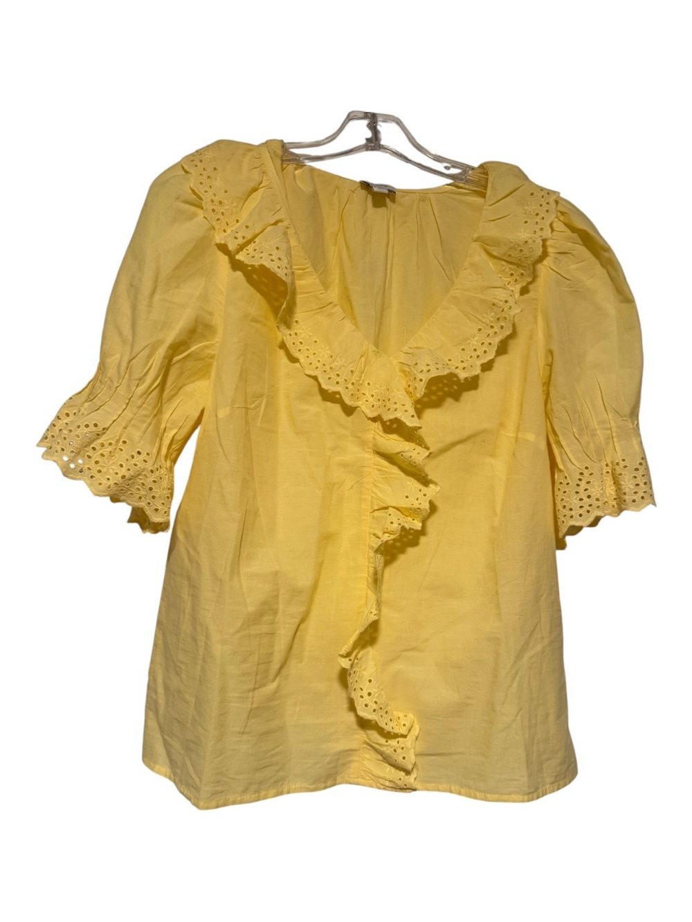J.Crew Eyelet Ruffle Front Cotton Blouse butter Yellow Puff Sleeve Top  M EUC - Picture 2 of 4